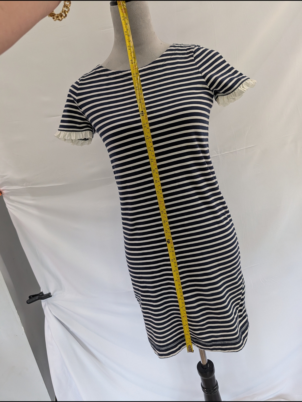 J. Crew Navy and White Striped Ruffle Sleeve Mini Dress - Picture 2 of 6
